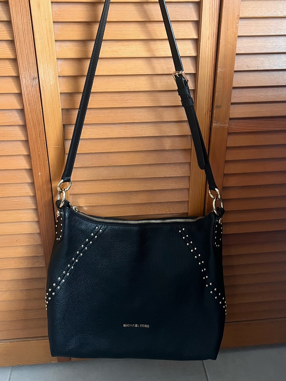Michael Kors Black Leather Shoulder Bag with Gold Hardware and Stud Accents